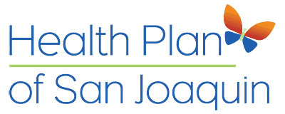 Logo for Health Plan of San Joaquin featuring blue text and a stylized orange and blue butterfly above the word Plan, with a green horizontal line separating the text lines. | California Urgent Care Center